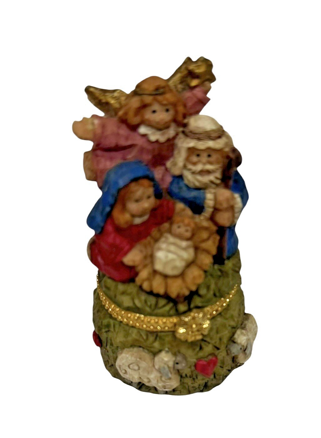 Nativity Scene Hinged Trinket Box: Resin Baby Jesus Angel Mary Joseph Christmas