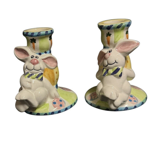 Bazaar Inc World Bunny Rabbit Candle Holders Easter Pair Ceramic 4.1/8”