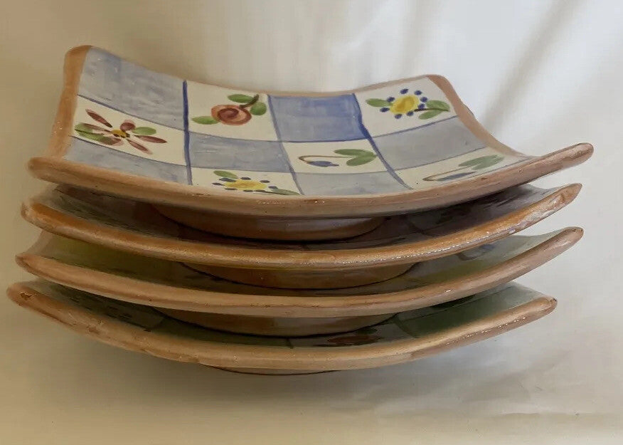 Rare Hand Painted And Signed 4-Square Salad Appetizer Tapas Clay Plates 6 3/4"SQ