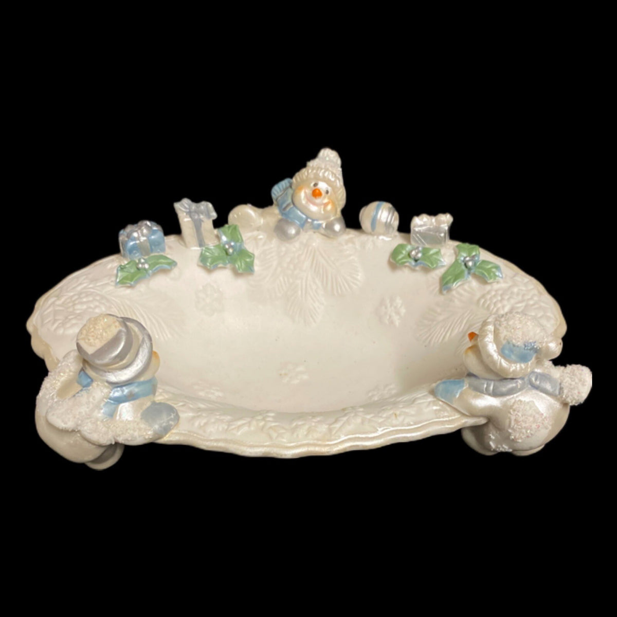 Holiday Sparkle Candy Dish SNOWMAN Christmas Ceramic White Snowmen Trinket 8"L