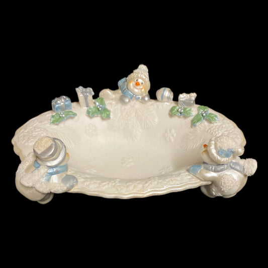 Holiday Sparkle Candy Dish SNOWMAN Christmas Ceramic White Snowmen Trinket 8"L