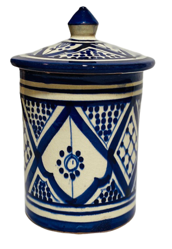 Handmade Moroccan Blue Ceramic Jar 24oz Kechla Fassi Sugar Coffee Canister Decor