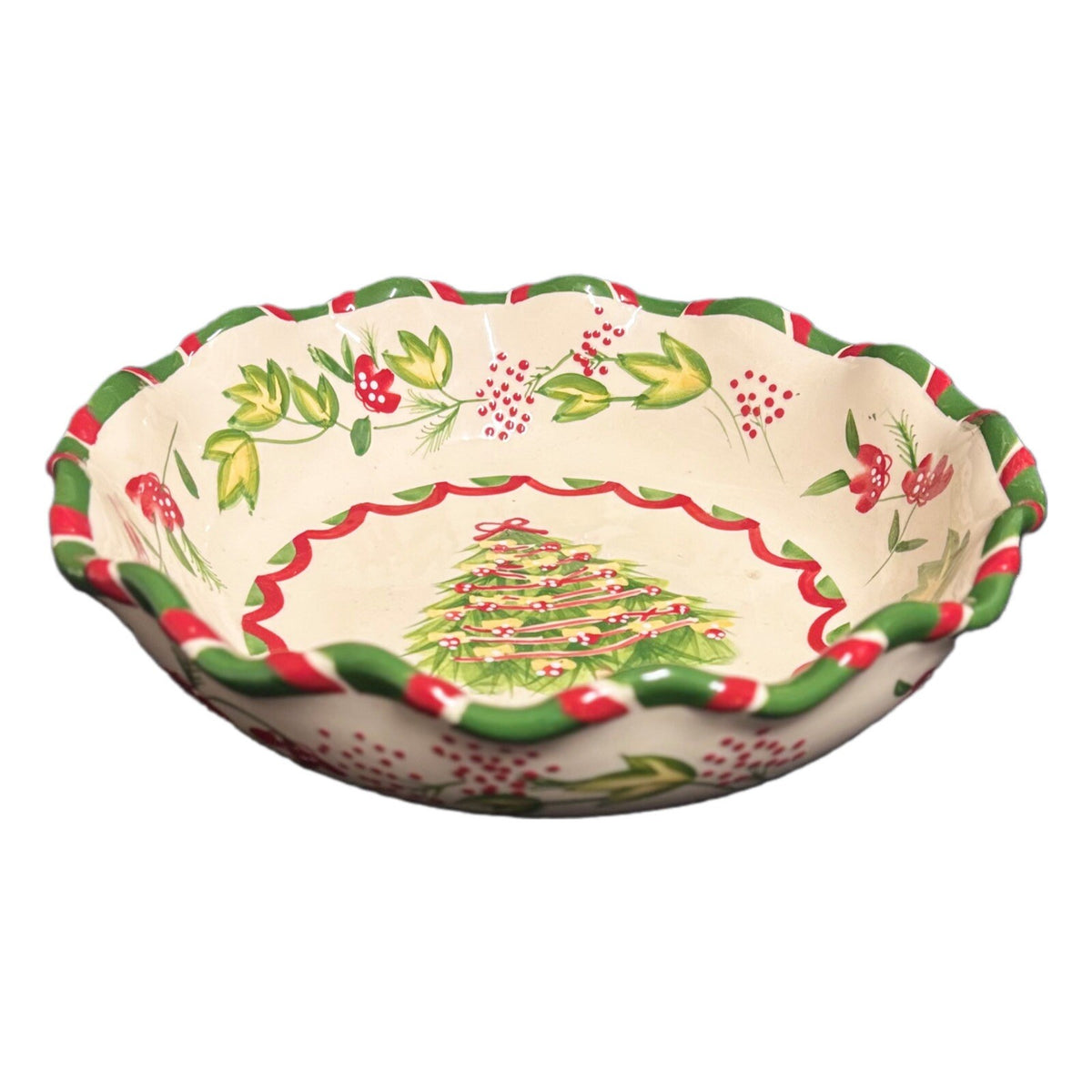 BOSTON WAREHOUSE Serving Bowl Scalloped Christmas Tree Floral Red Green Dish