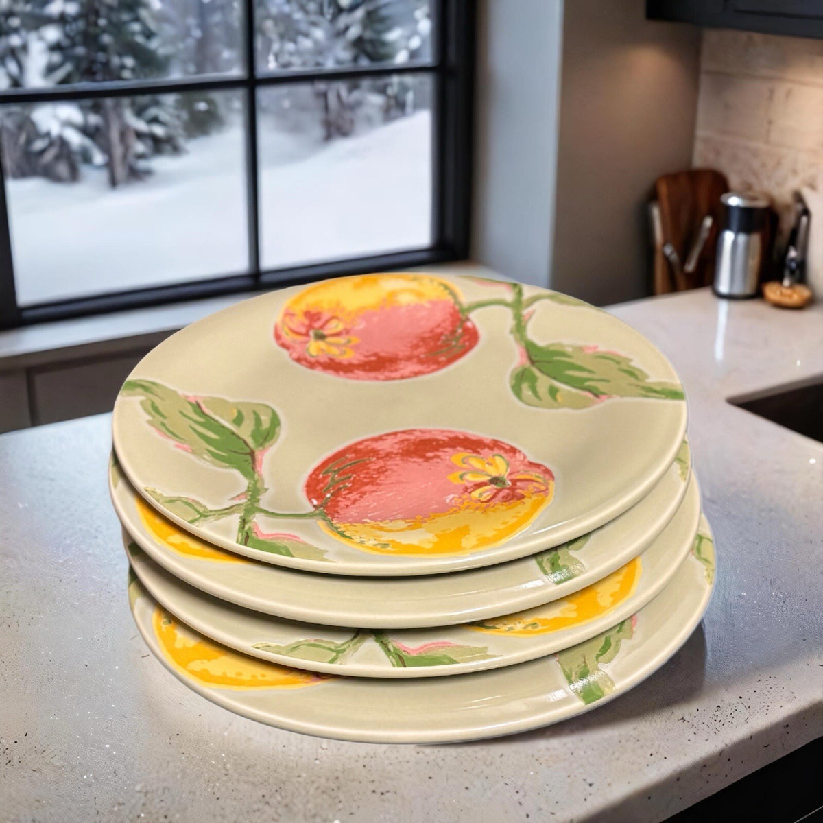 APRIL CORNELL 4 Salad Plates by Silvestri Peaches Ceramic Dessert Luncheon Dish
