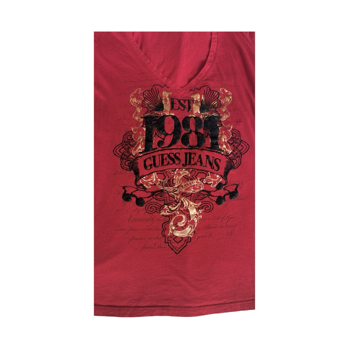Guess Jeans EST 1981 Red V-Neck Graphic T-Shirt Women’s Small Gold Foil Logo