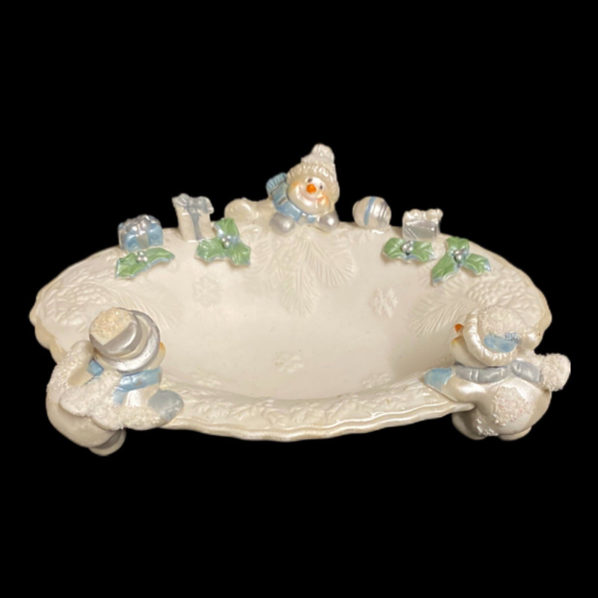 Holiday Sparkle Candy Dish SNOWMAN Christmas Ceramic White Snowmen Trinket 8"L