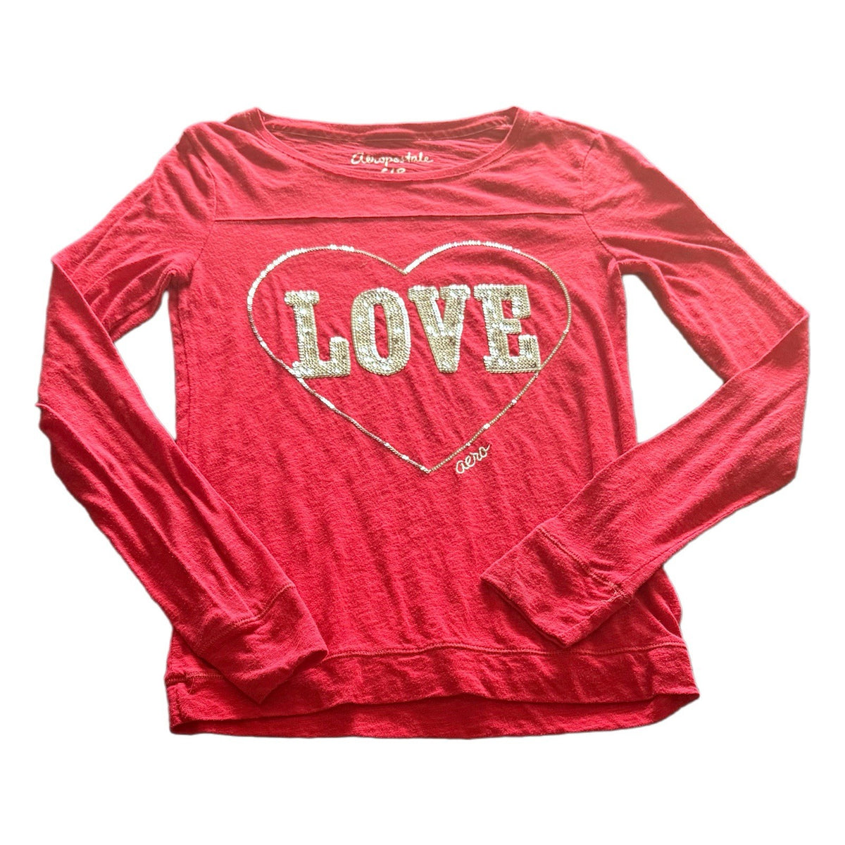 Aeropostale Girls Red Sequin LOVE Long Sleeve Shirt Heart Graphic Top S/P