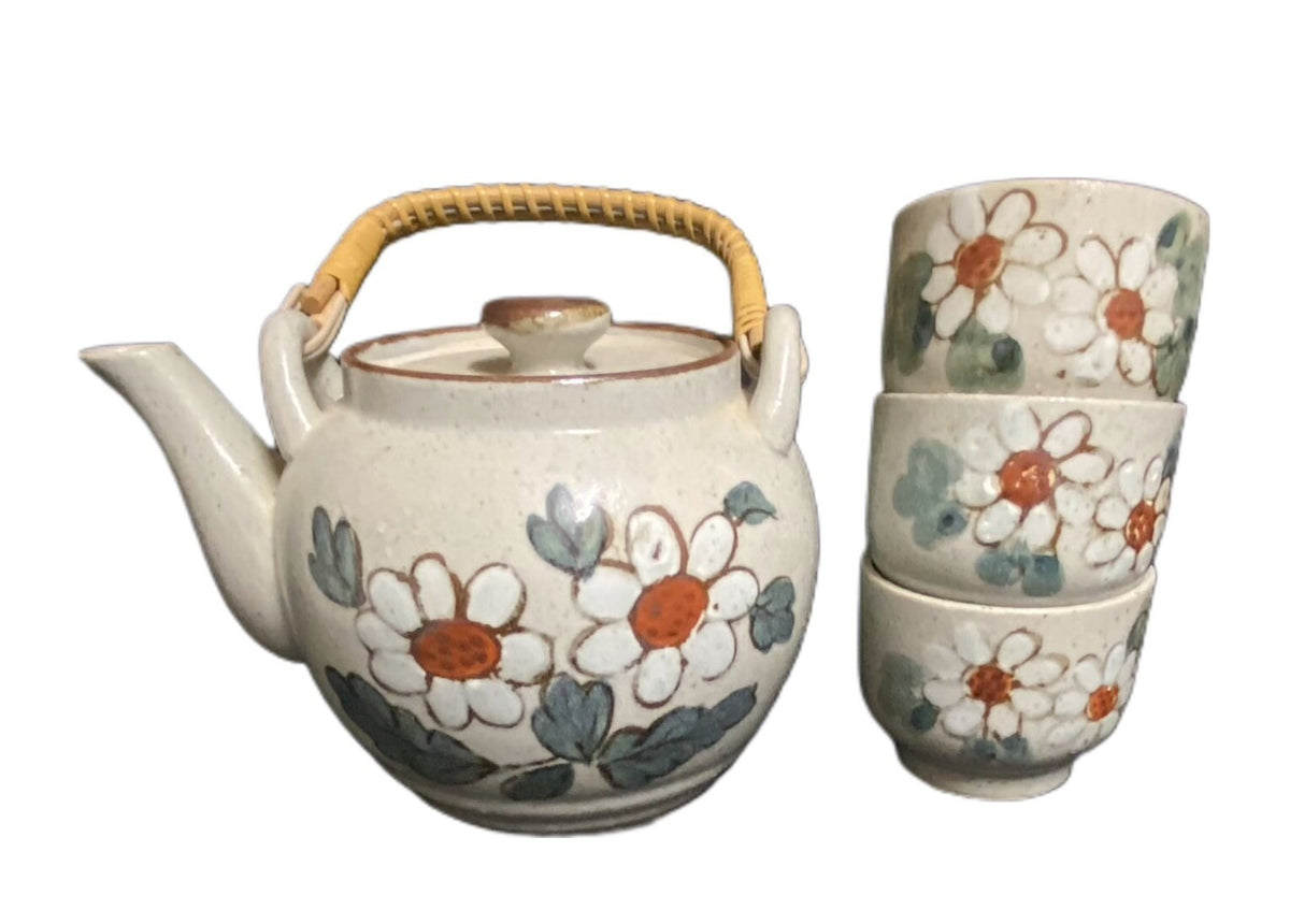Vintage Lidded Teapot & 3 Cups Floral Stoneware Tea Kettle Ceremony Pottery