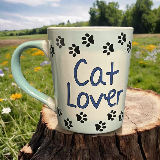 Tumbleweed Pottery "Cat Lover" Coffee Mug — Paw Prints, White & Blue