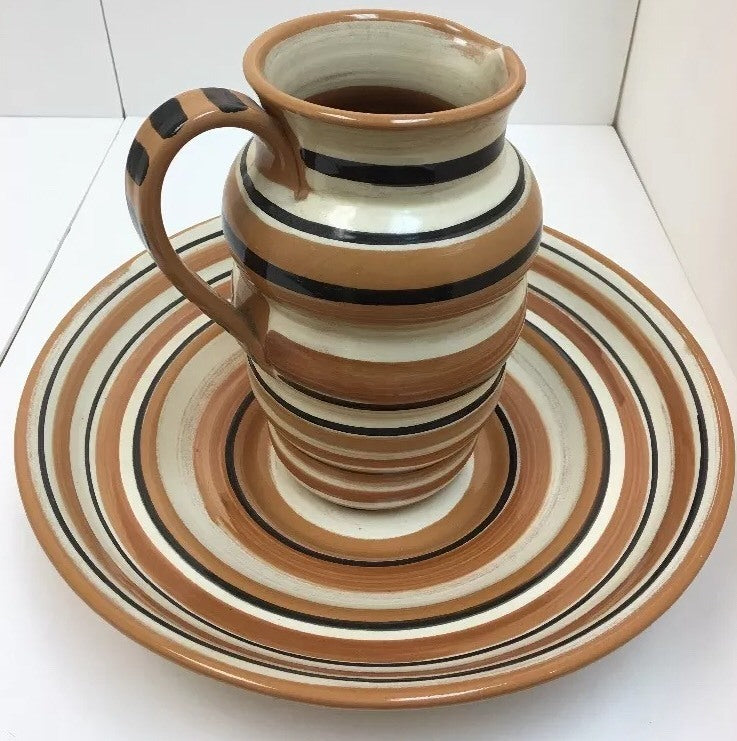"LA GIOCONDA"  Italian Hand-Painted Stoneware 2 Piece Pitcher & Large Bowl