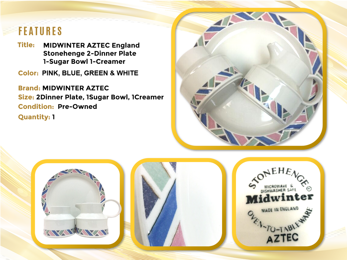 MIDWINTER AZTEC England Stonehenge 2-Dinner Plate 1-Sugar Bowl 1-Creamer