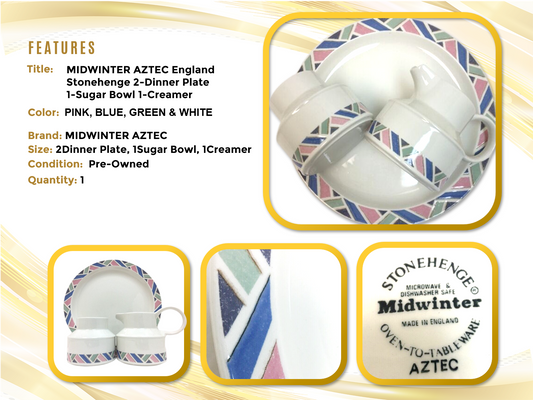 MIDWINTER AZTEC England Stonehenge 2-Dinner Plate 1-Sugar Bowl 1-Creamer