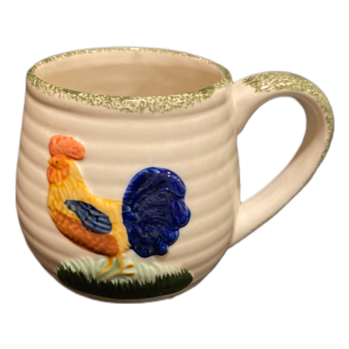 Chicken Rooster Mug ALCO Industries Ribbed 3D Cup Farmhouse Green Spongeware
