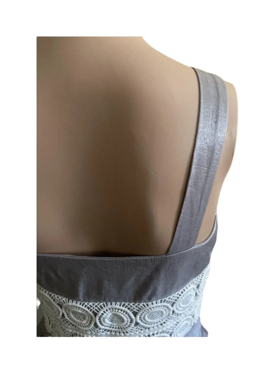 London Times Ruffle Sheath Dress Layered Sleeveless Silver Gray Side Zipper Sz 2