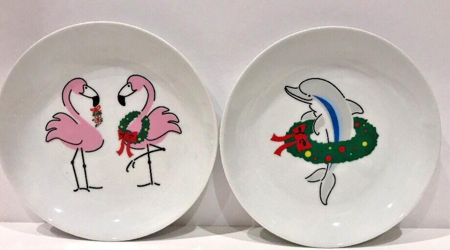 FLORIDA MARKETPLACE 4 Dessert Plates Manatee-Flamingos-Dolphin-Pelican 6 1/2" D