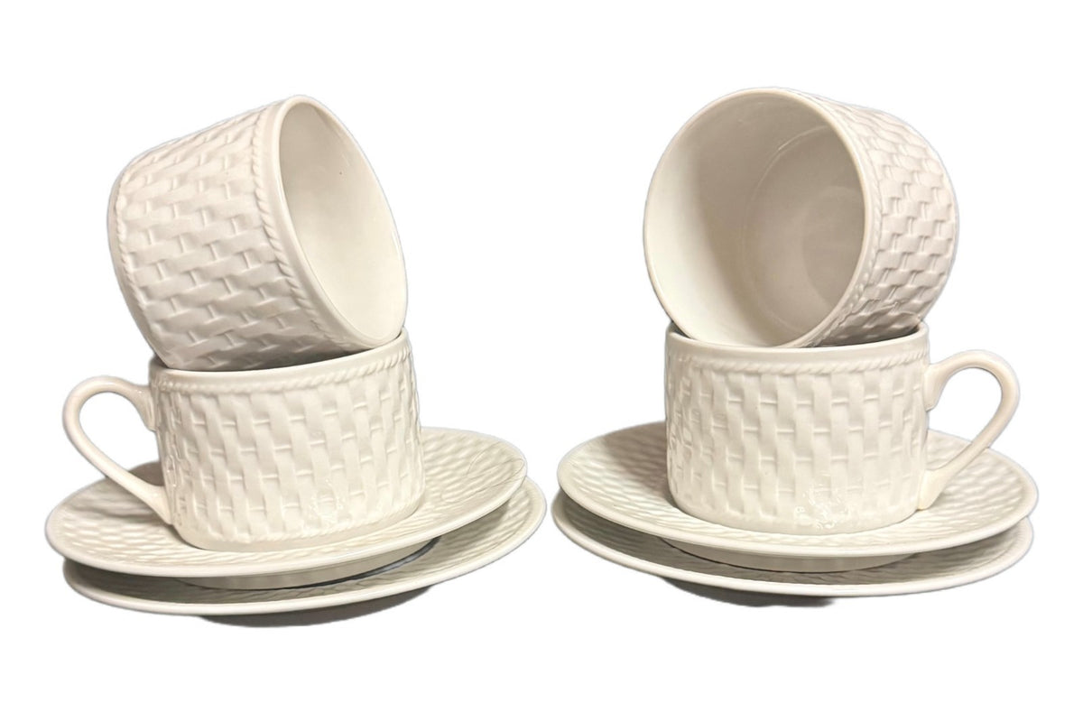 Oneida Gourmet Collection Wicker Set of 4 Cups & Saucers White Basket Weave