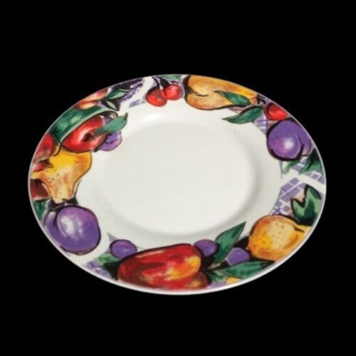 Gibson Designs CORNUCOPIA FRUIT 4-Sauce Plates 6 ¼”D Apple Pear Cherry Plum 
