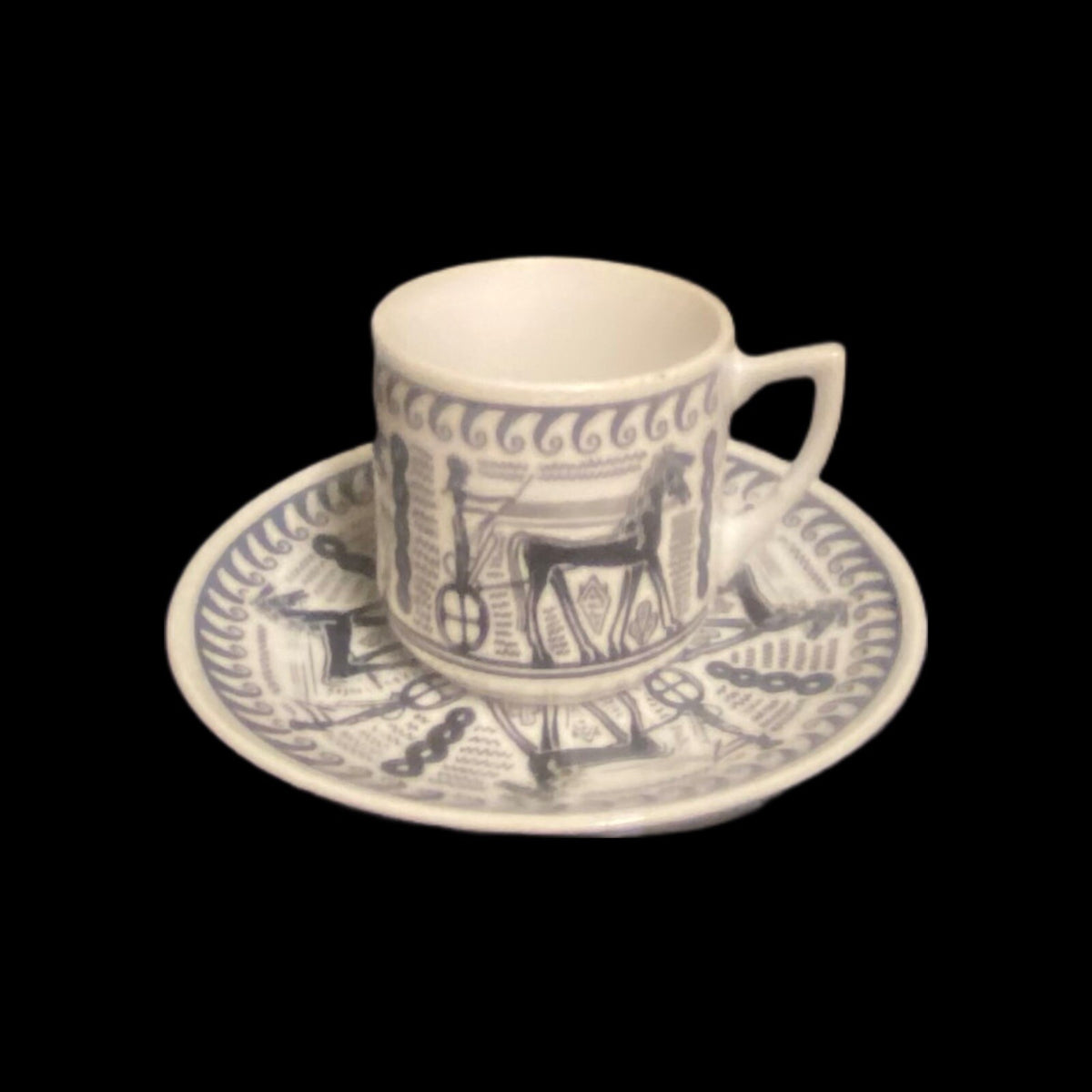 Vintage N. Leontaritis 2-Espresso Cups & 2-Saucers Horse Chariot Greece