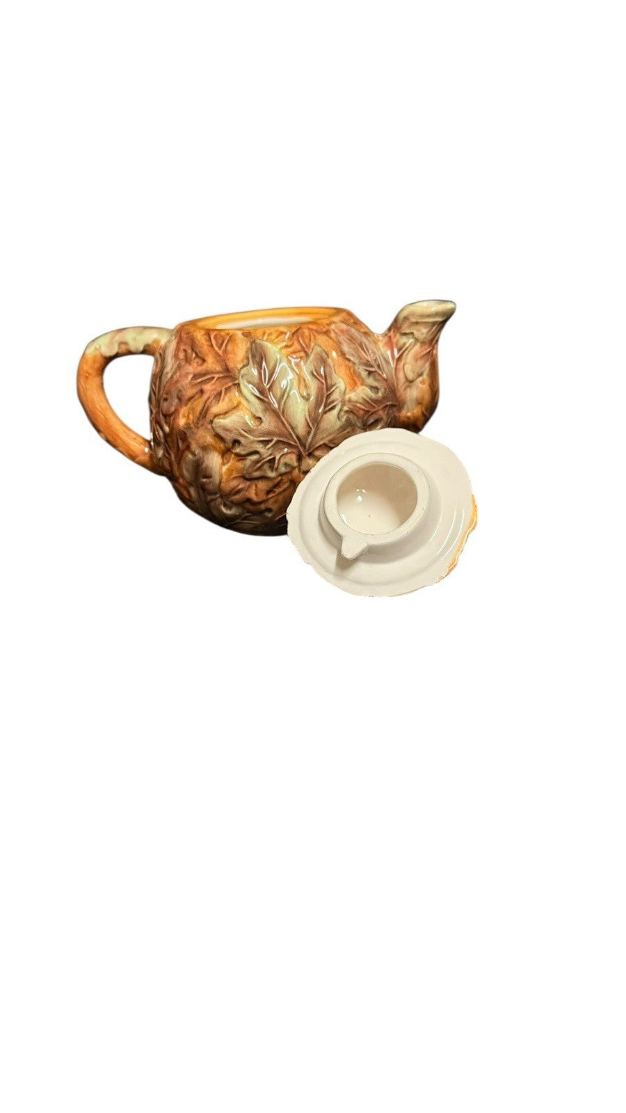 Rare Ceramic Teapot with Lid & 2 Mugs Embossed Autumn Leaves Coffee Tea Set