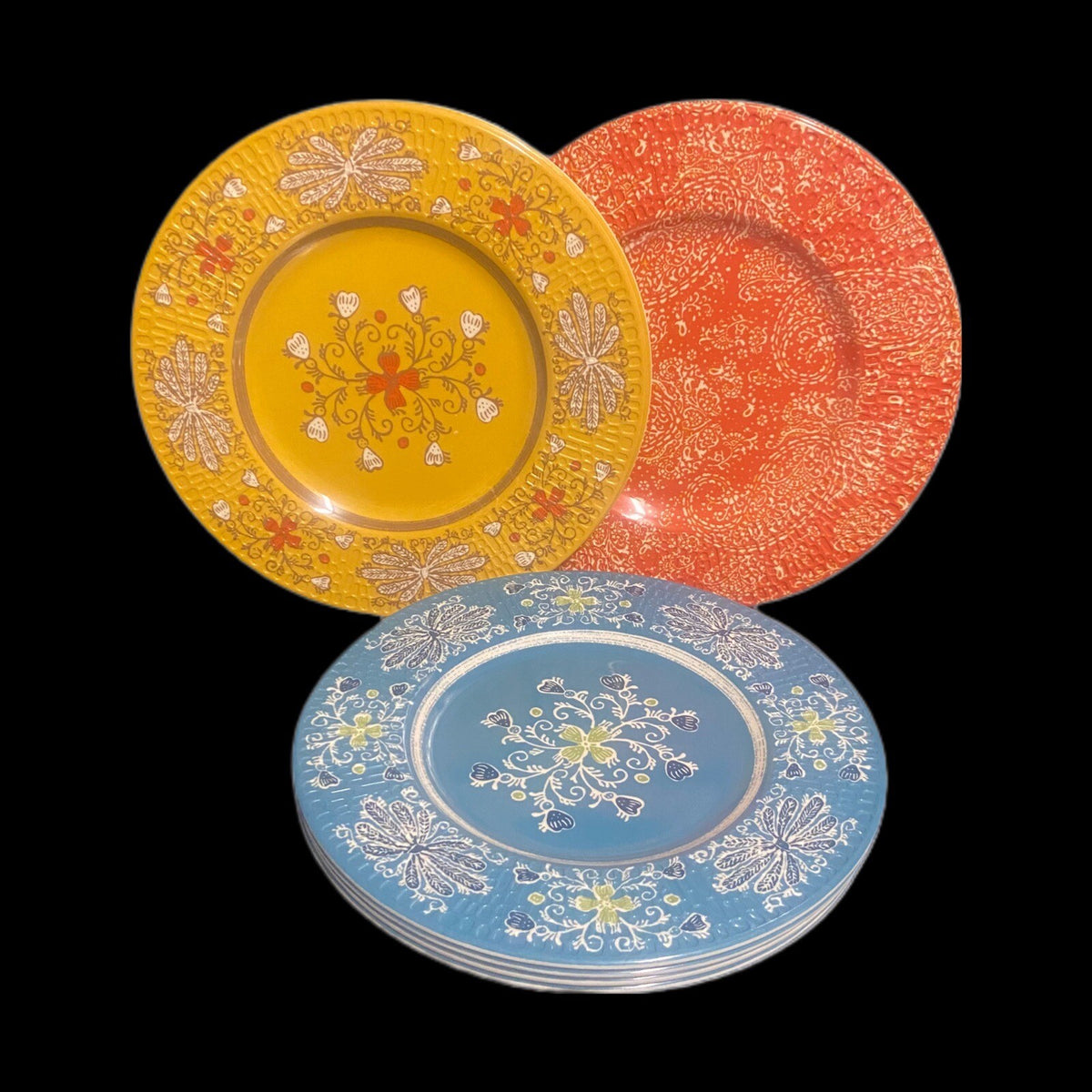 THRESHOLD MELAMINE 8-Salad Plates Yellow Orange Blue Floral & Paisley Textured