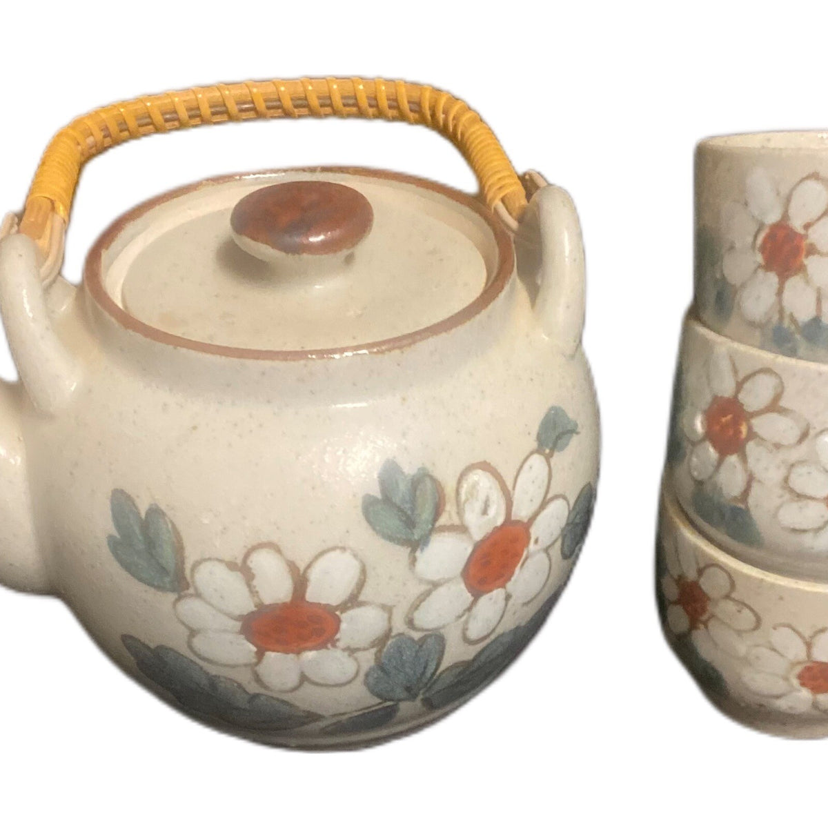 Vintage Lidded Teapot & 3 Cups Floral Stoneware Tea Kettle Ceremony Pottery