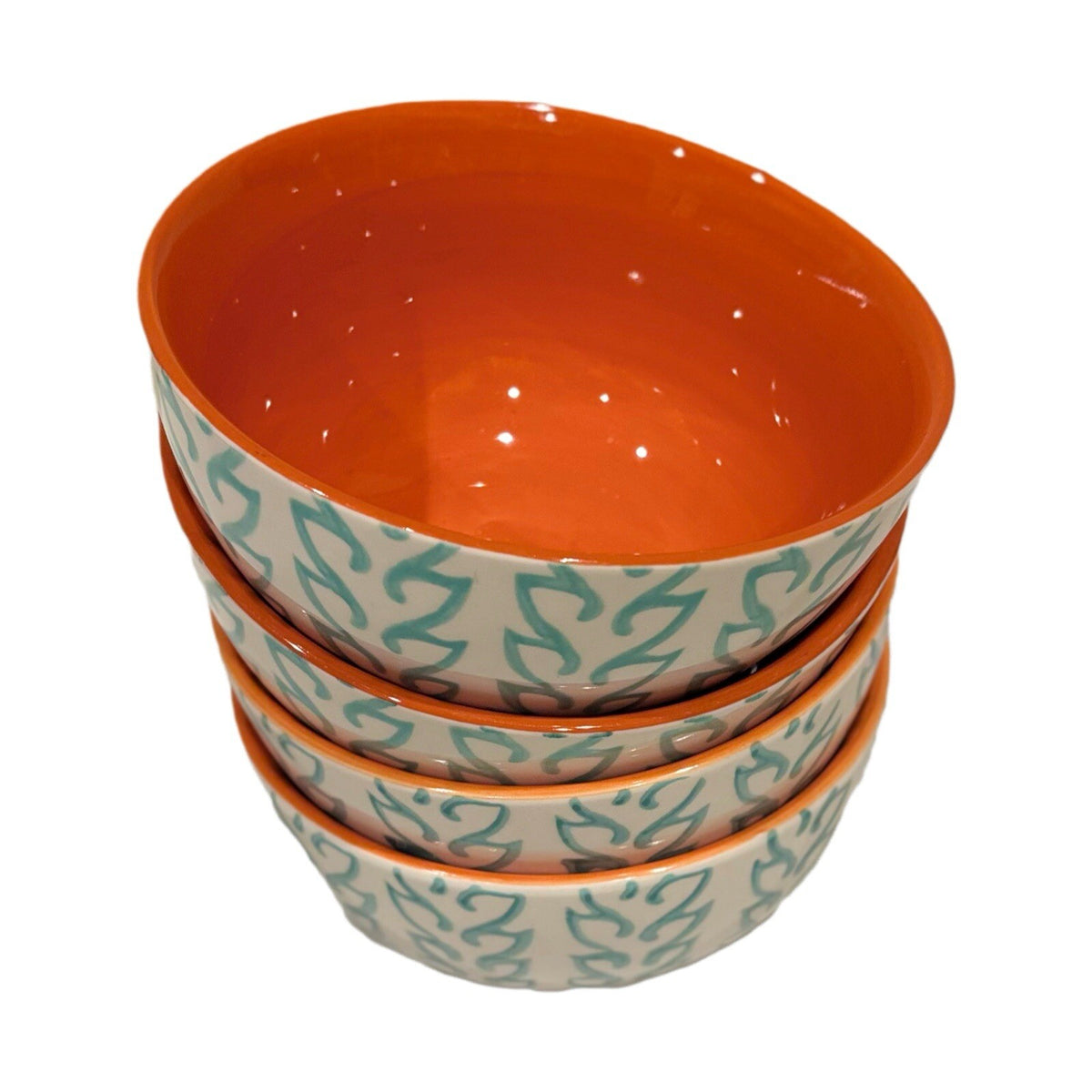 BAUM TANGIER 4- Soup Bowls Turqoise Orange Stoneware Cereal Dinnerware