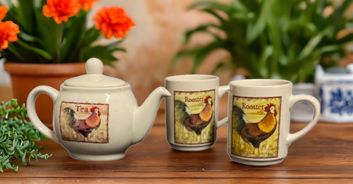 Bay Island Rooster Teapot & 2 Mugs Set Ceramic Farmhouse Chicken Theme