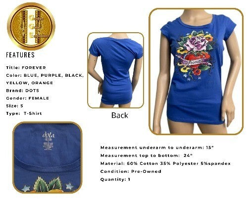 Dots T-Shirt Forever Woman Blue Top Cap Sleeves SM. Floral
