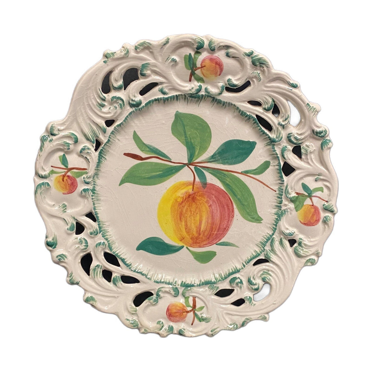 ITALIAN Pottery Accent Plate Hand Painted Peach Fruit Reticulated Signed # 9448