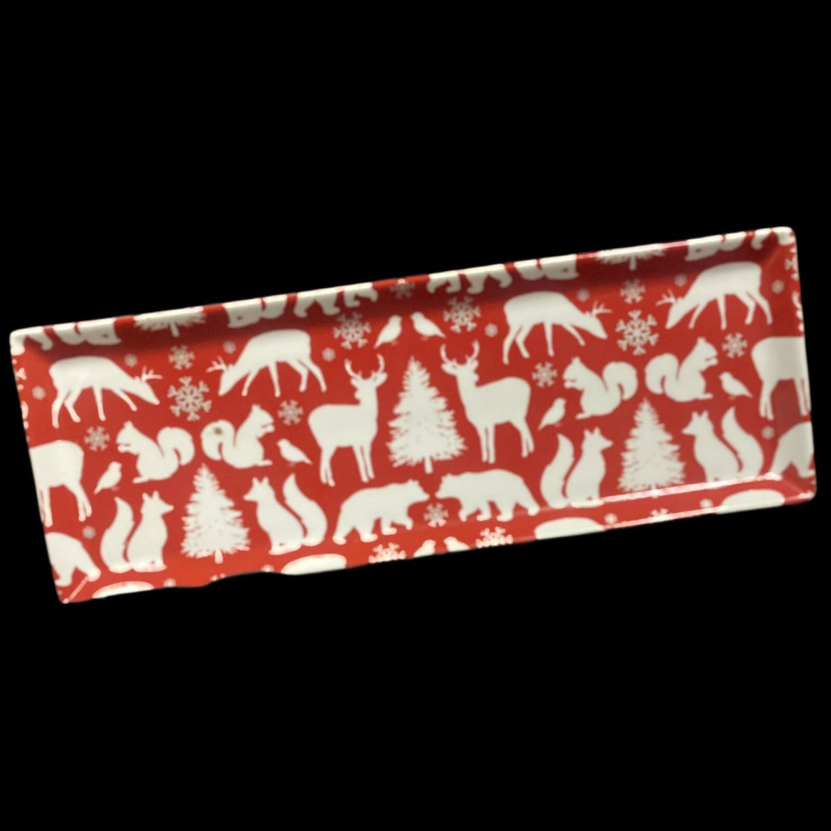 FOOD NETWORK Red Serving Tray Reindeer Bear Tree Ceramic Winter Cheese Cookies