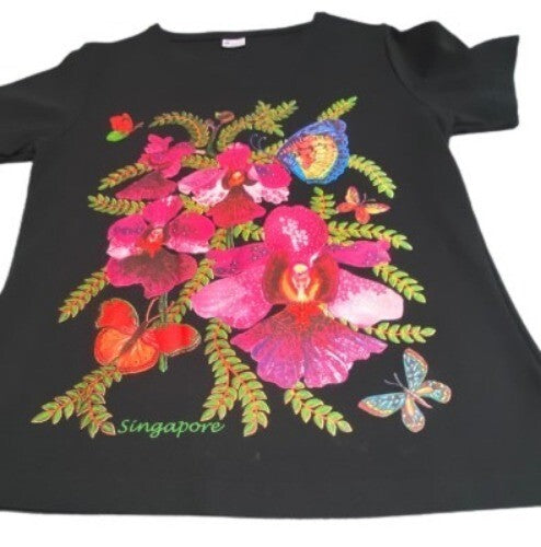 La Belle T-Shirt Flower Butterfly Black Top V Neck Short Sleeves 3XL Tee