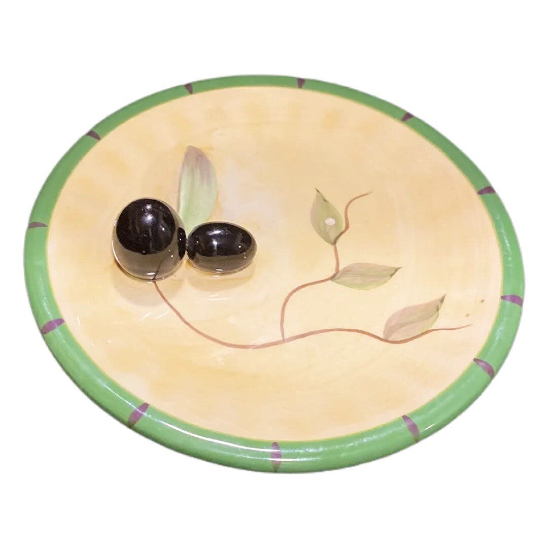 Vintage CALI Snack Canapé Plate Pottery Ceramic 3D Olives Oil Dip Green Border