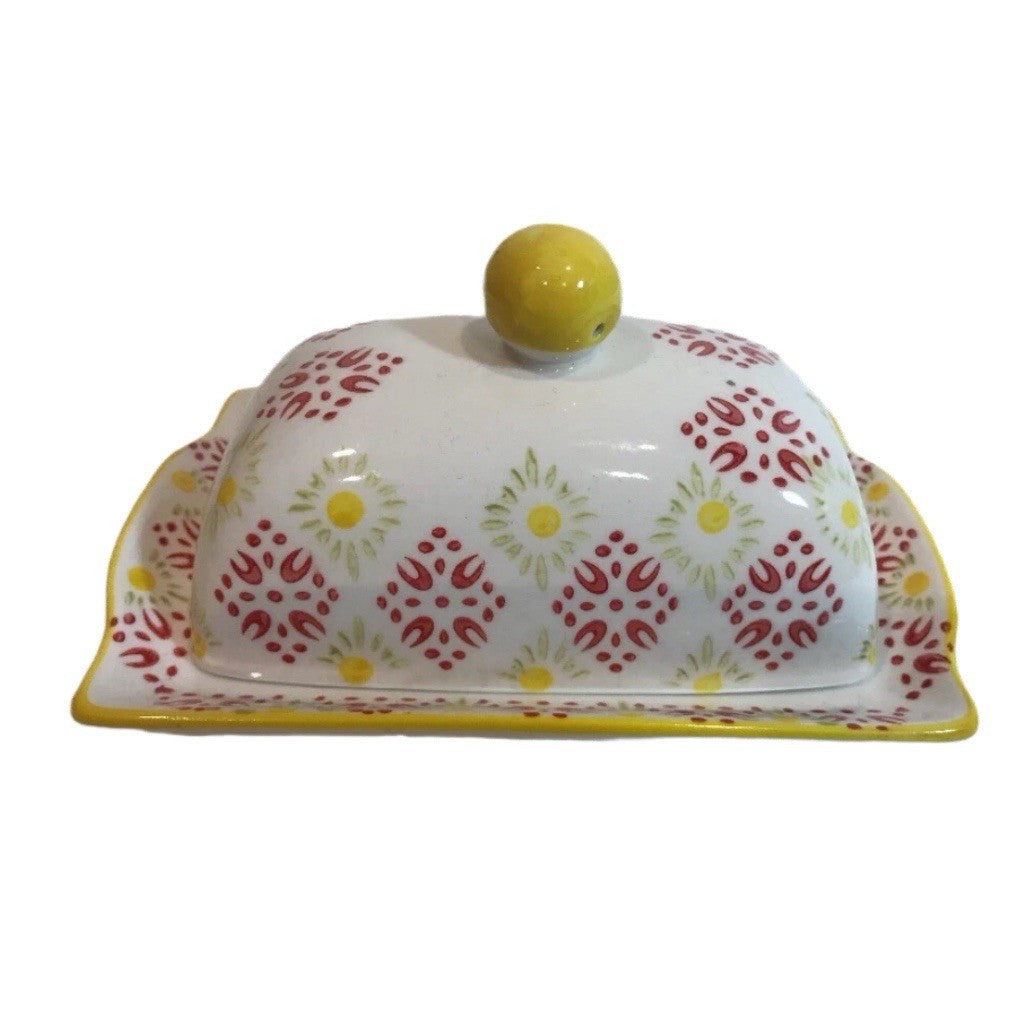 Signature Housewares Print 8 Butter Dish Red Yellow Green Floral Geometric