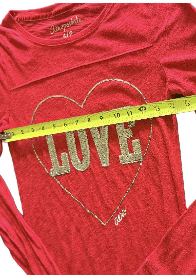 Aeropostale Girls Red Sequin LOVE Long Sleeve Shirt Heart Graphic Top S/P