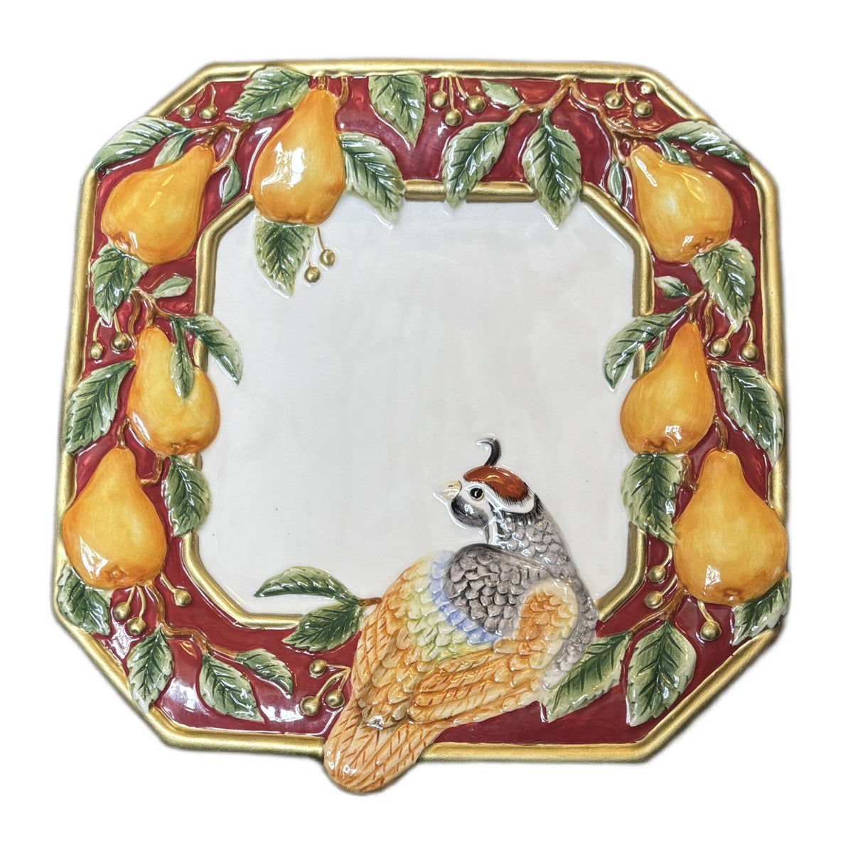 Fitz & Floyd Plate Partridge Bird Pears Canapé Wall Hanging Holiday Embossed Art