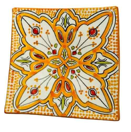 Handmade Moroccan Orange Pottery 4-Plates 6.5” D Square Salad Bread Appetizer