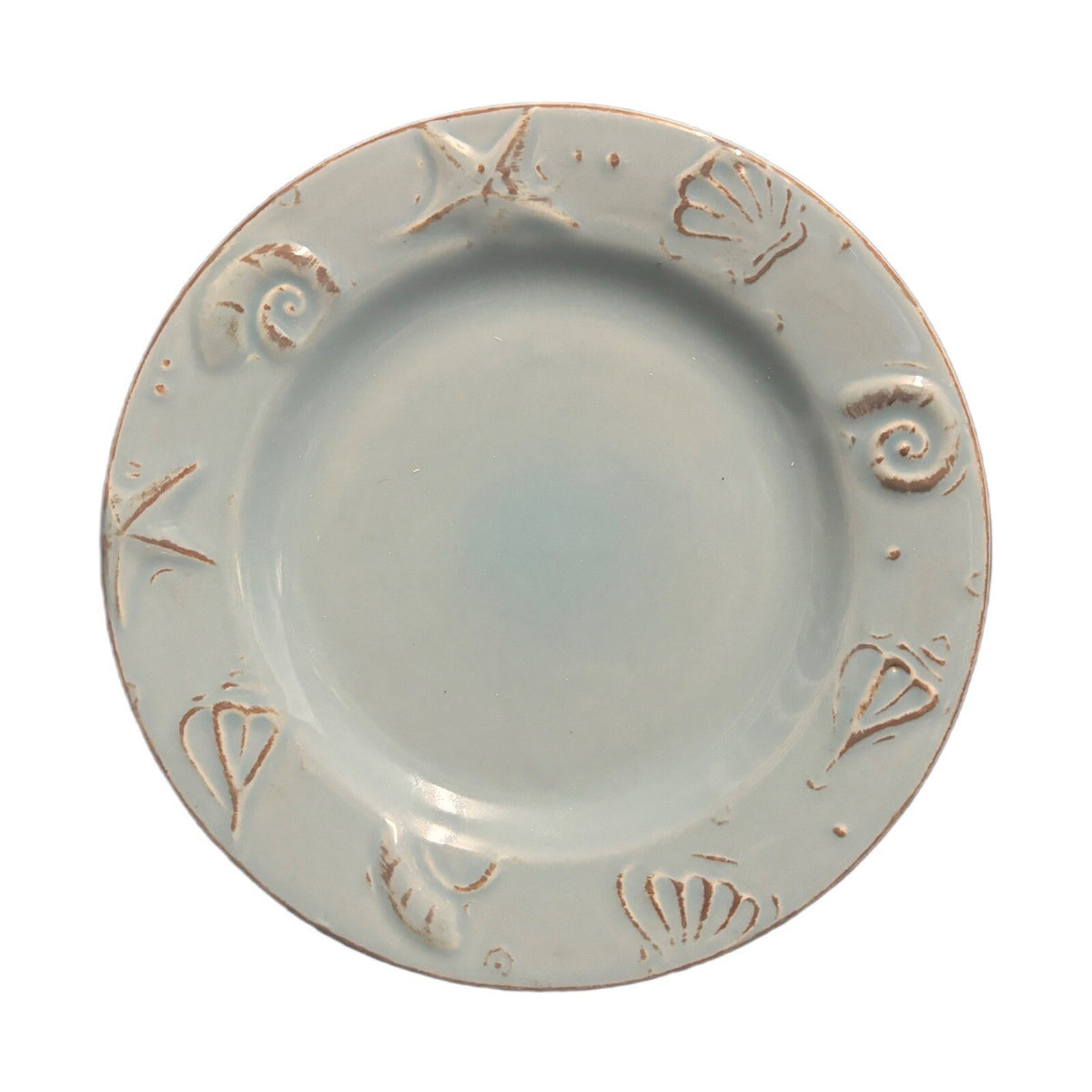 Thomson Pottery 4-Dinner Plates Cape Code Blue Sea Shells Nautical 10 7/8”D