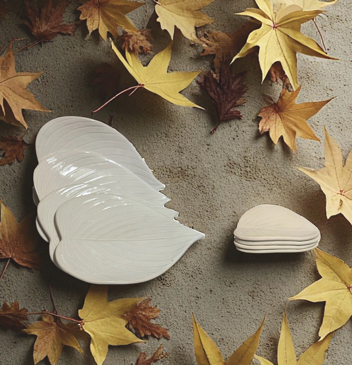 Napa Home & Garden 8pc Leaf Plates Set – 4 Large 8.5” & 4 Small 5” White Ceramic