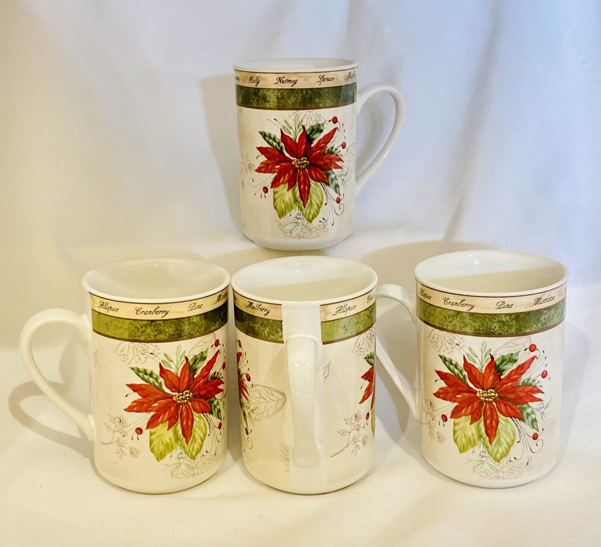 American Atelier HOLIDAY BOUQUET Mugs Poinsettia 4 Stoneware Coffee Cups 5011