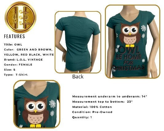 T-Shirt OWL be Home for Christmas L.O.L. VINTAGE Sm. V-Neck Cap Sleeves Green