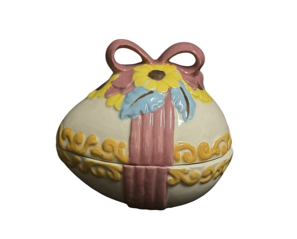 Vintage Ceramic Easter Egg Candy Dish Lidded Trinket Box Hand Painted Floral