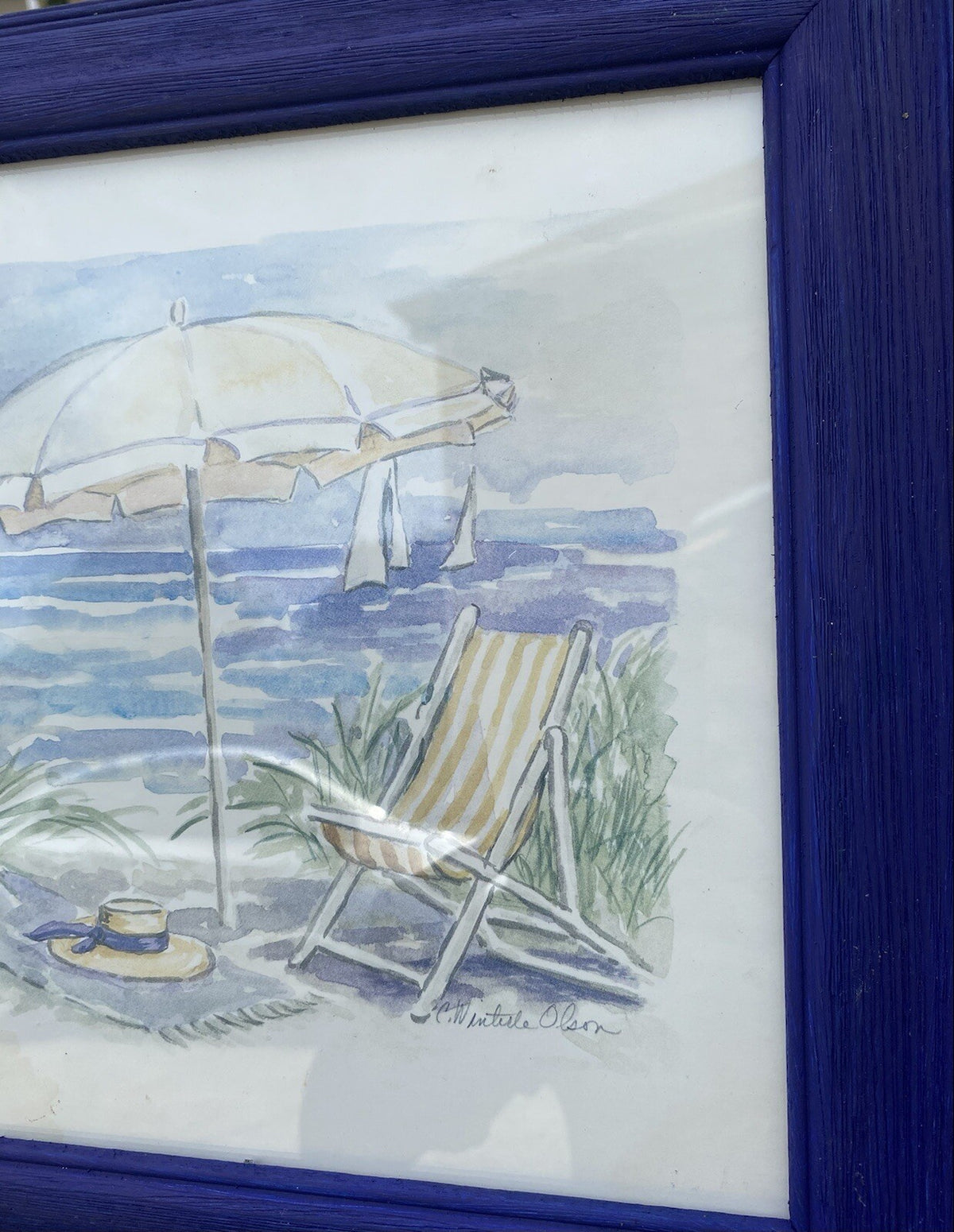 Vintage Set of 4 Charlene Winterle Olson Coastal Beach Prints Blue Frame 11.5"