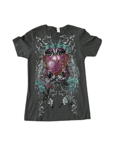 Next Level T-Shirt ABSTRACT Hearts & Flowers Graphic Neck Gray Tee MD Cotton Top