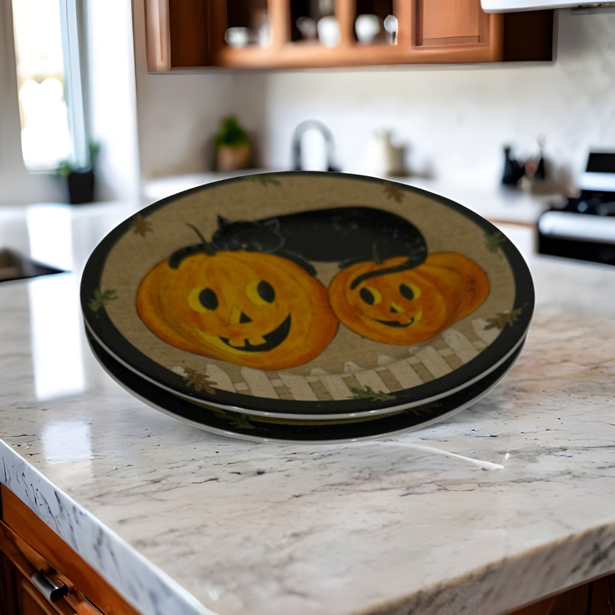 Warren Kimble Pumpkin Dreams 8” Plates Black Cat Pumpkins Sakura 2000 Set of 2