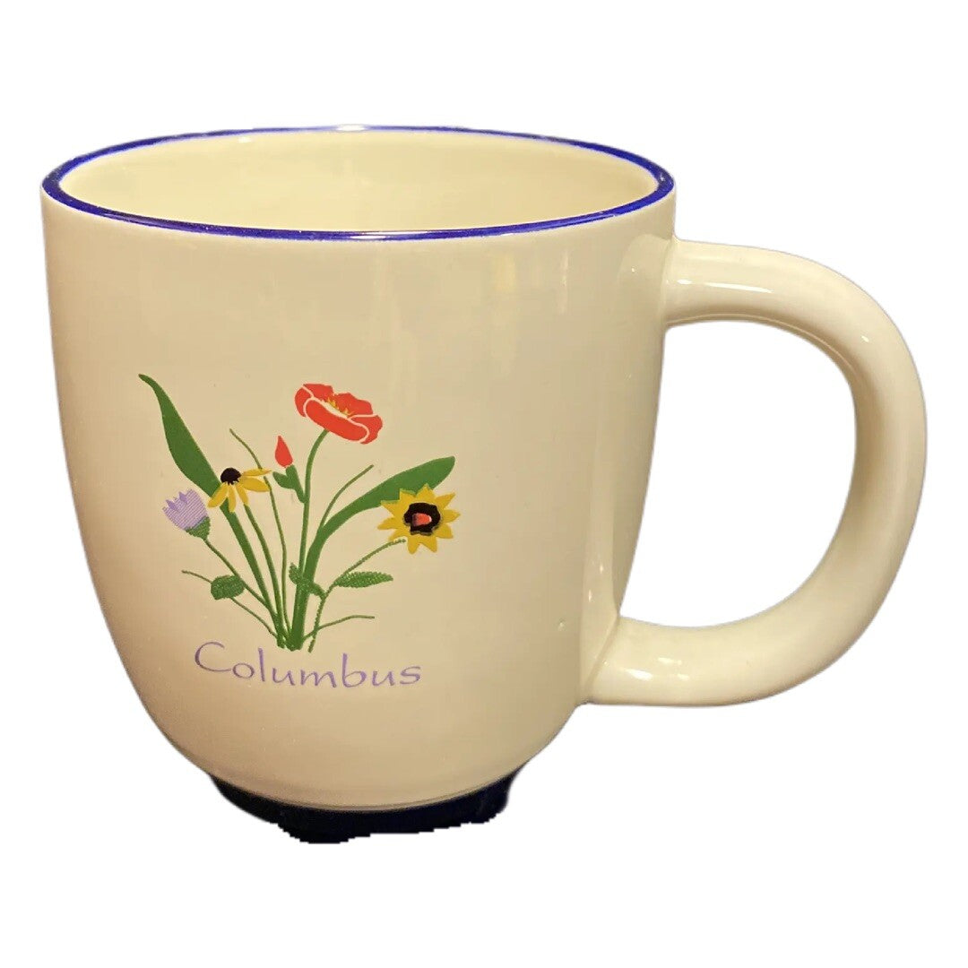M Ware COLUMBUS Ceramic Coffee Mug White Floral Bouquet Tea Cup Blue Trim
