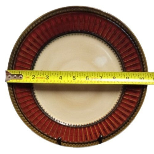 Gibson Elite ARTISTE RED 2-Dinner Plates 10 ½” D Red & Brown Rim Ribbed and Dots