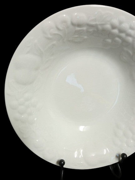 Gibson Designs FLOURISH 2-Soup Bowls 8 1/8” D White Embossed Fruit Border Coupe