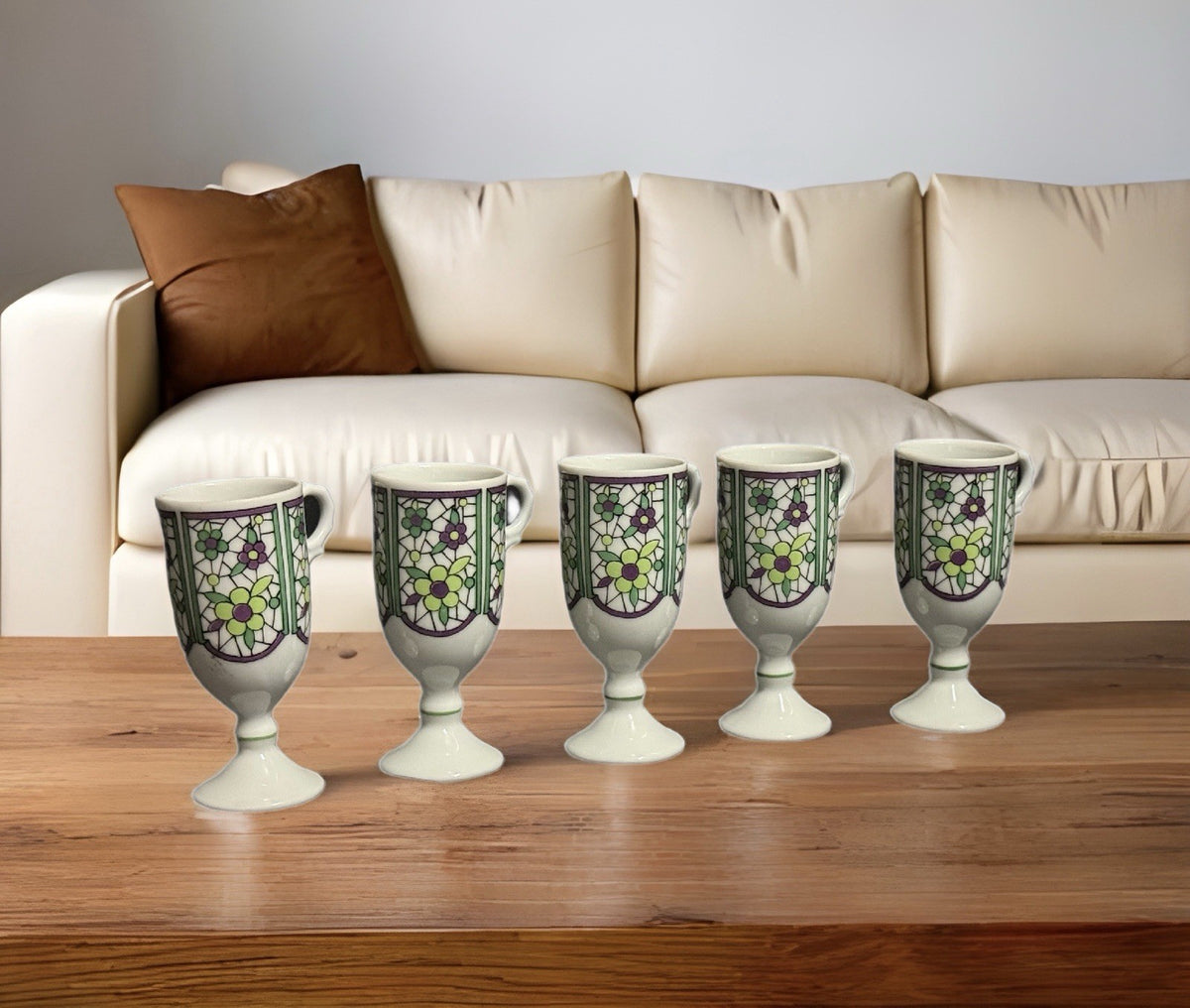 Set of 5 Vintage Da Vinci Pedestal Demitasse Mugs 2262 4 oz Green Purple Floral