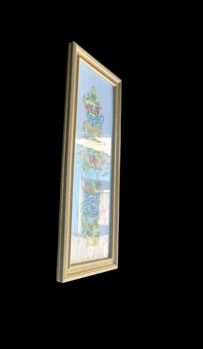 Framed Needlework Stacked Colorful Tea Cups Wall Hanger Cross Stitch