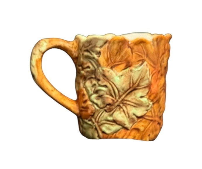 Rare Ceramic Teapot with Lid & 2 Mugs Embossed Autumn Leaves Coffee Tea Set